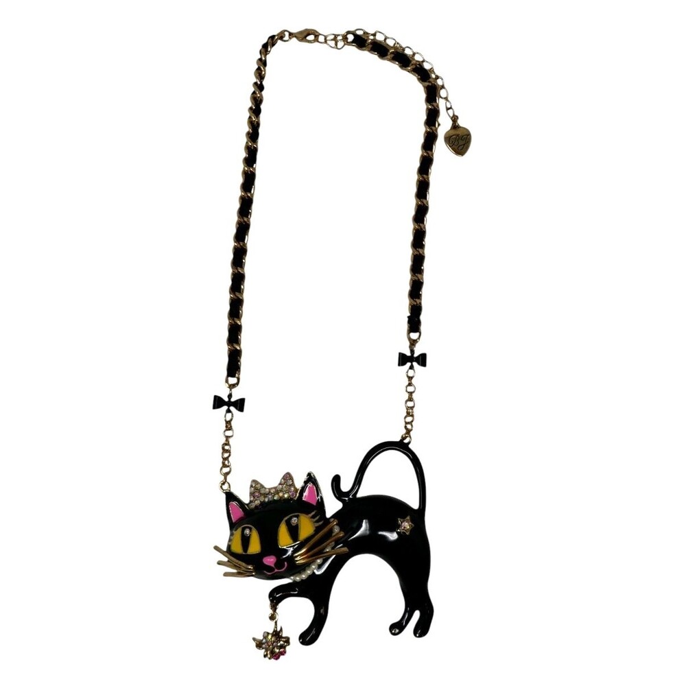 Betsey Johnson Black Cat Spider Princess Kitty Enamel Pendant Statement Necklace - Picture 5 of 11